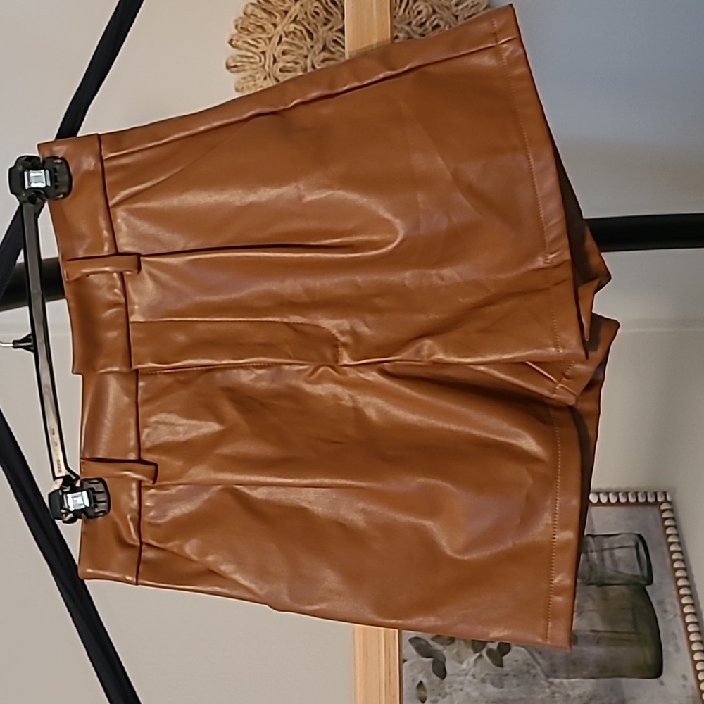 High-Waist Faux Leather Shorts in Camel